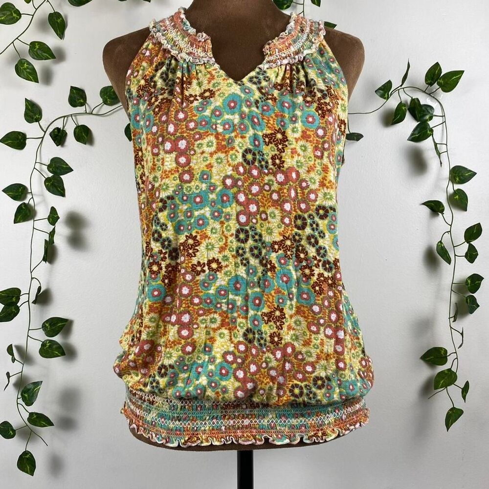 American Rag Cie y2k vintage floral blouse high v-neck sleeveless ruched baggy M
